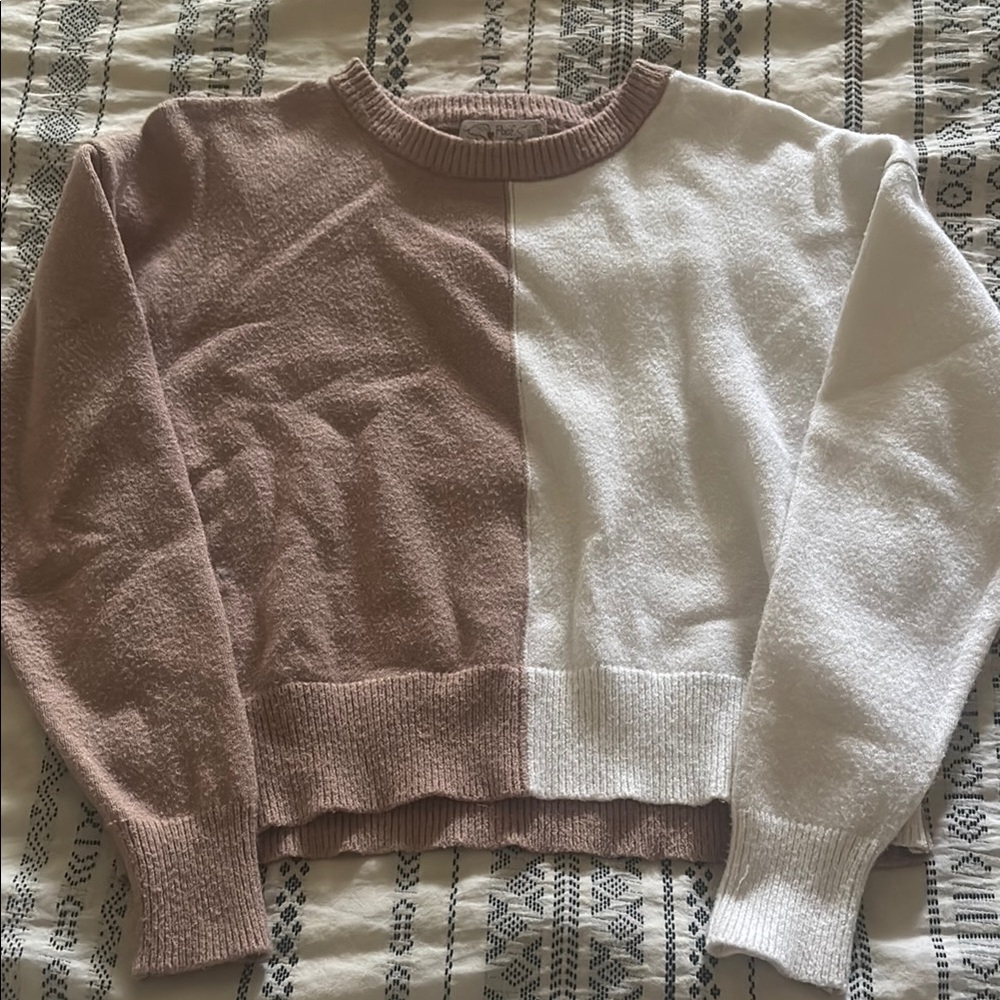 Poof! White and Tan Crew Neck Sweaters Plush Cozy Style
